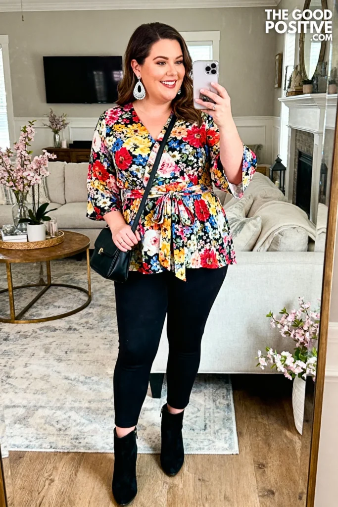 Plus Size Floral Wrap Top With Black Ankle Pants Outfit