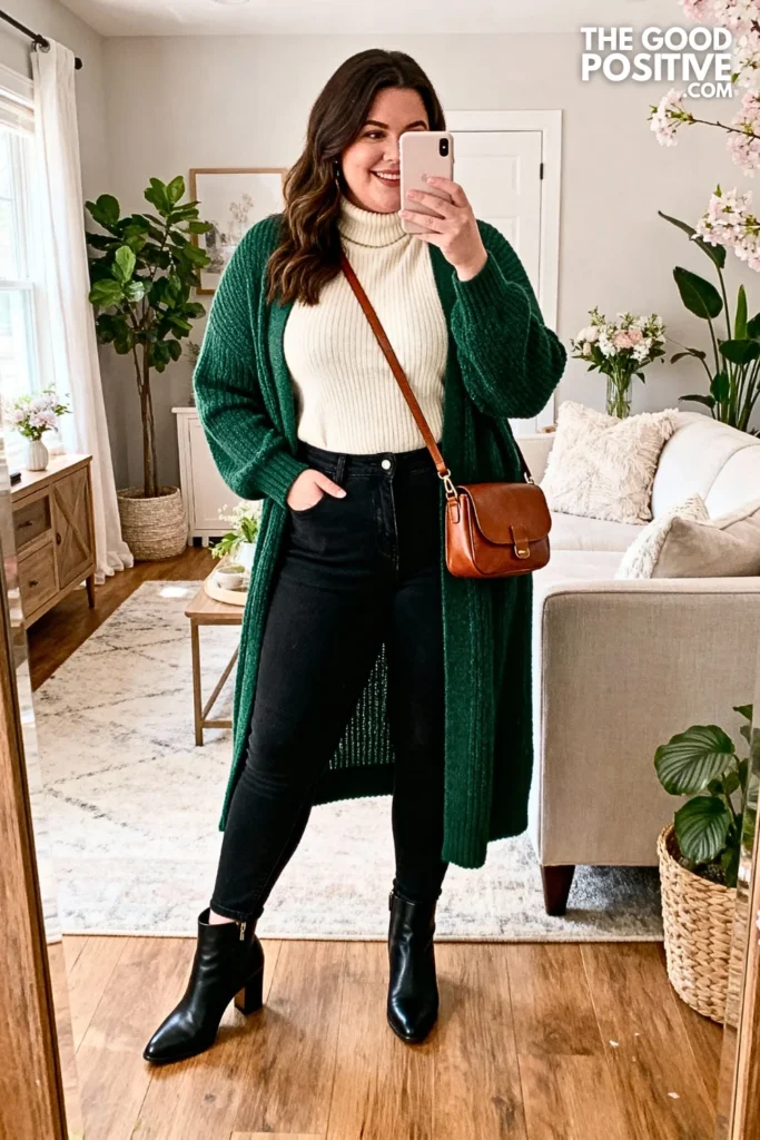 Plus Size Forest Green Knit Cardigan With Black Jeans Outfit