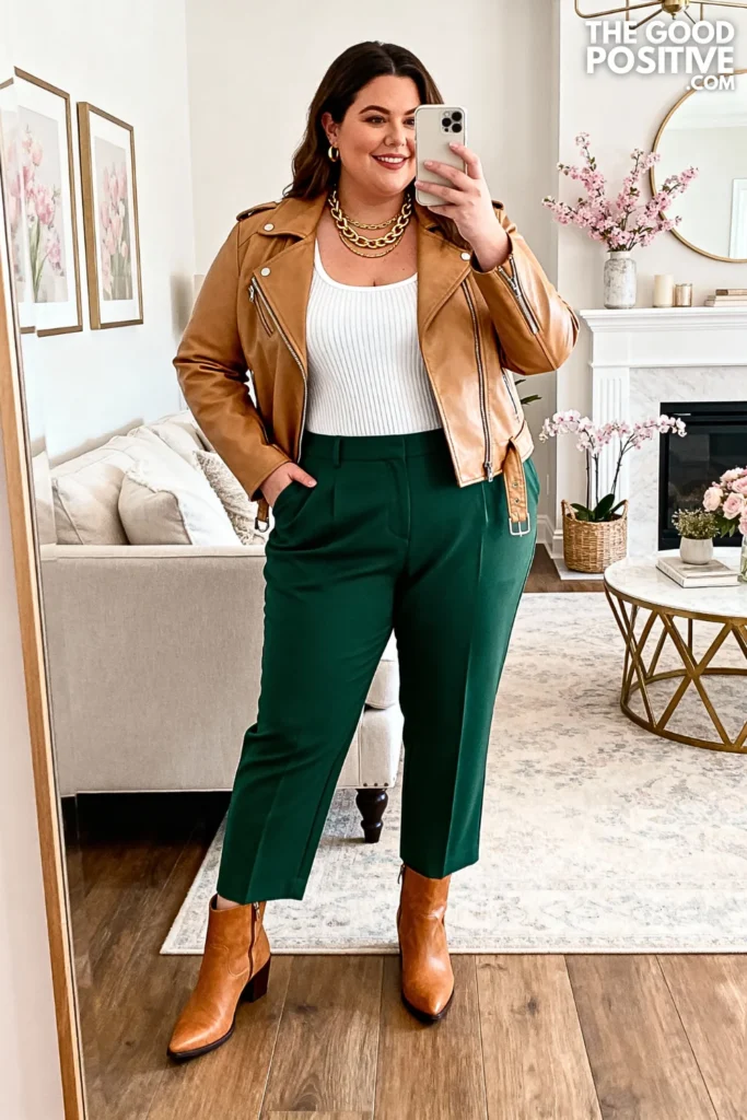 Plus Size Forest Green Pants With Tan Leather Jacket Outfit