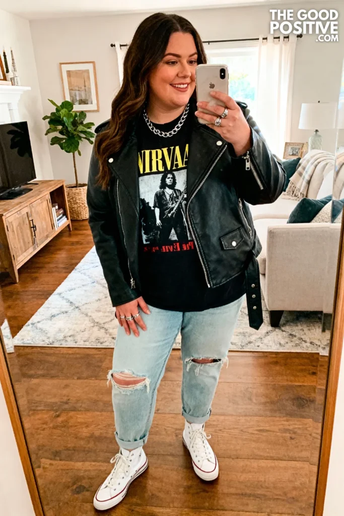 Plus Size Graphic Band Tee With Distressed Boyfriend Jeans Outfit
