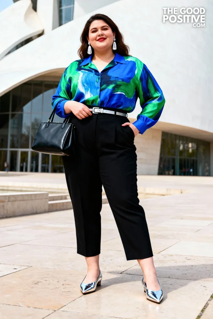 Plus Size Graphic Print Blouse With Cropped Tailored Pants Outfit