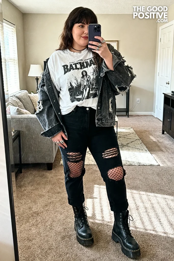 Plus Size Graphic Tee and Fishnet Combo Outfit