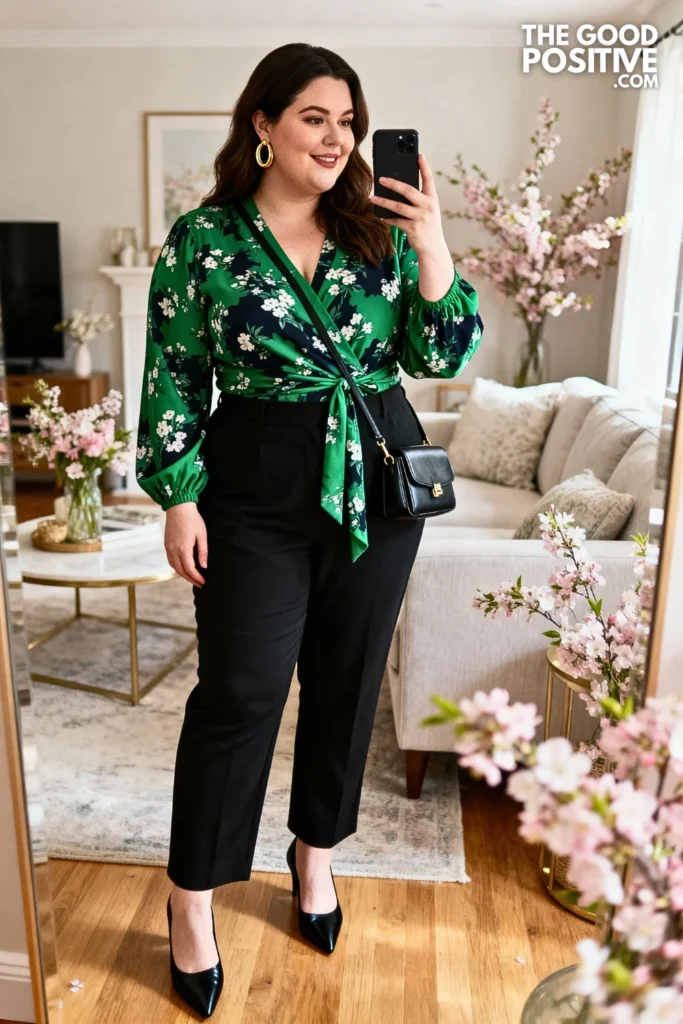 Plus Size Green Floral Wrap Blouse With Black Trousers Outfit