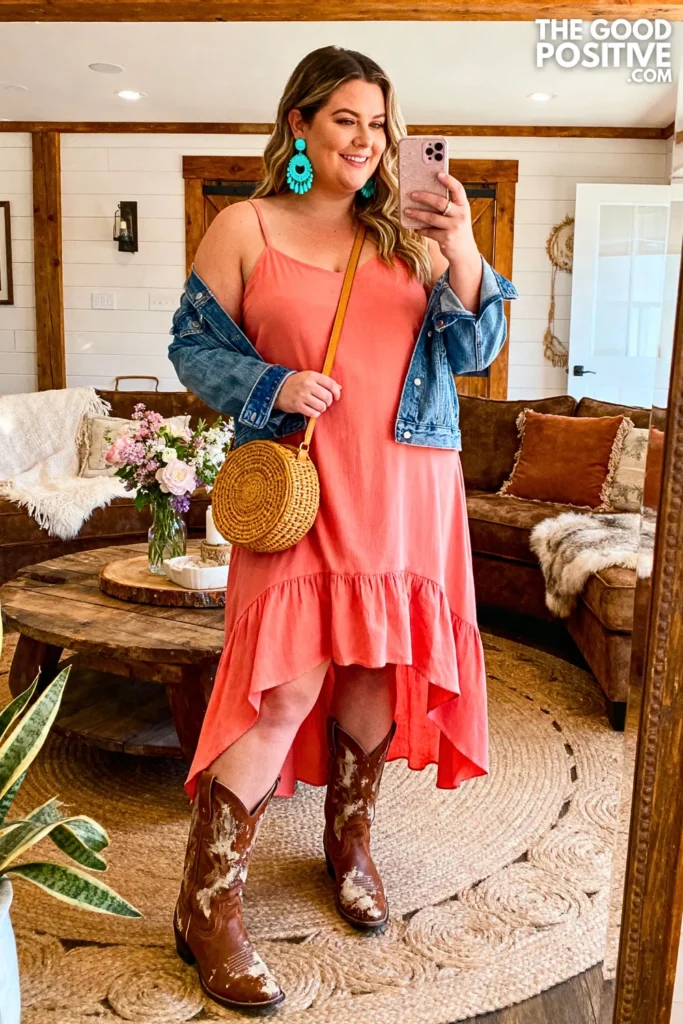 Plus Size High-Low Hem Sundress With Cowboy Boots Outfit