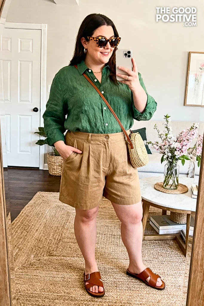 Plus Size Hunter Green Button-Down Shirt With Khaki Shorts Outfit