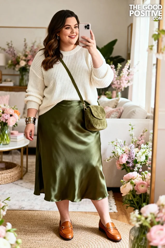Plus Size Ivory Knit Sweater With Olive Green Midi Skirt Outfit