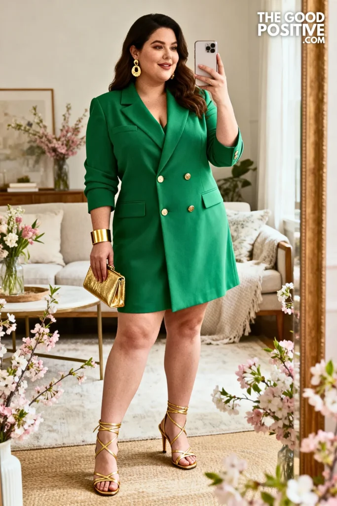 Plus Size Jade Green Blazer Dress With Gold Accessories Outfit