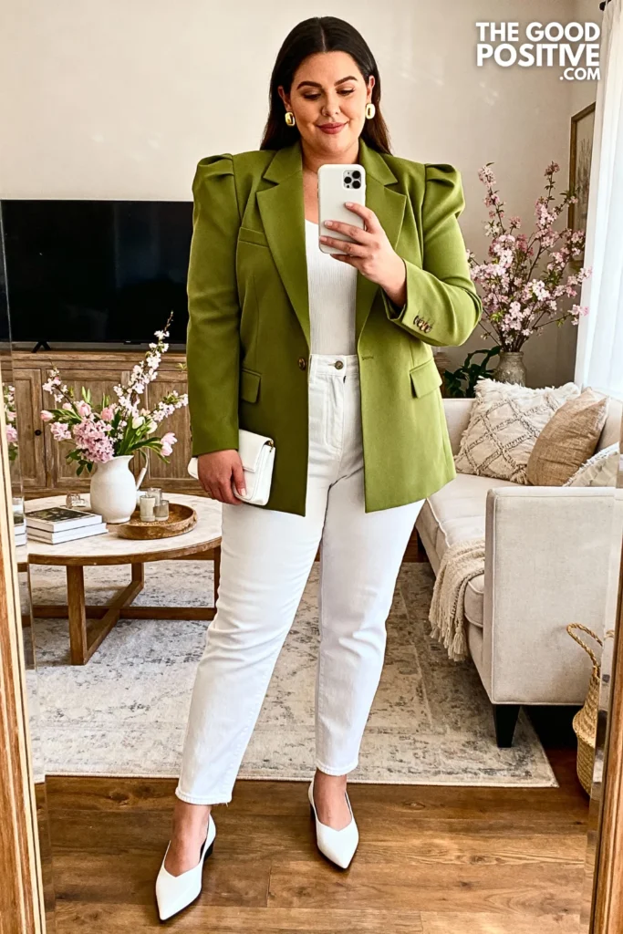 Plus Size Kelly Green Tailored Blazer With White Jeans Outfit
