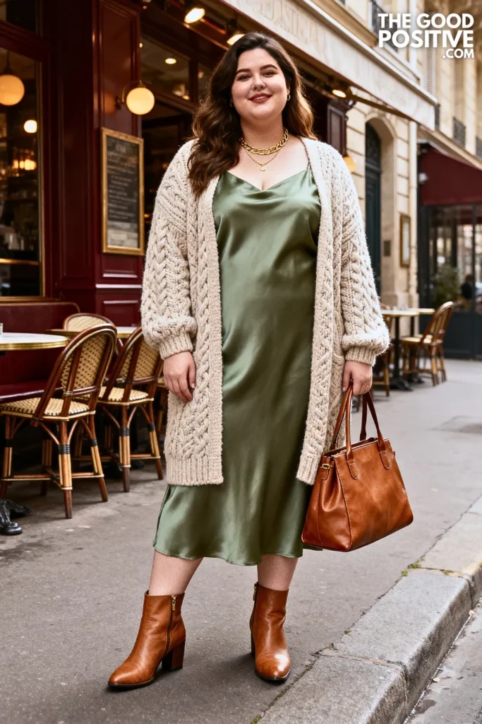 Plus Size Knit Cardigan Over Slip Dress Outfit