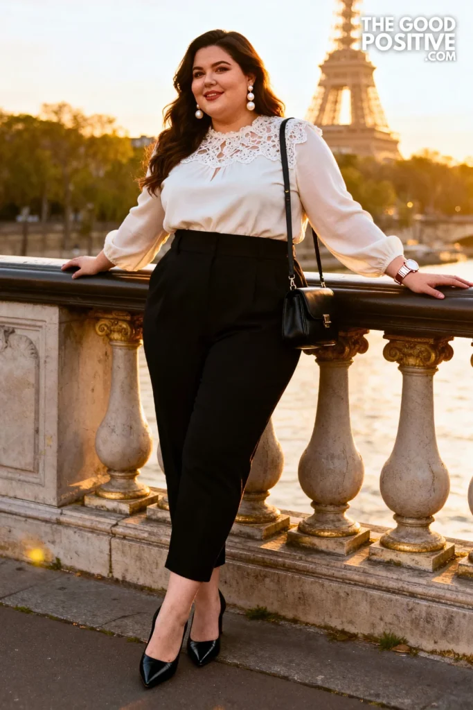 Plus Size Lace Detail Top With High-Waisted Tapered Pants Outfit