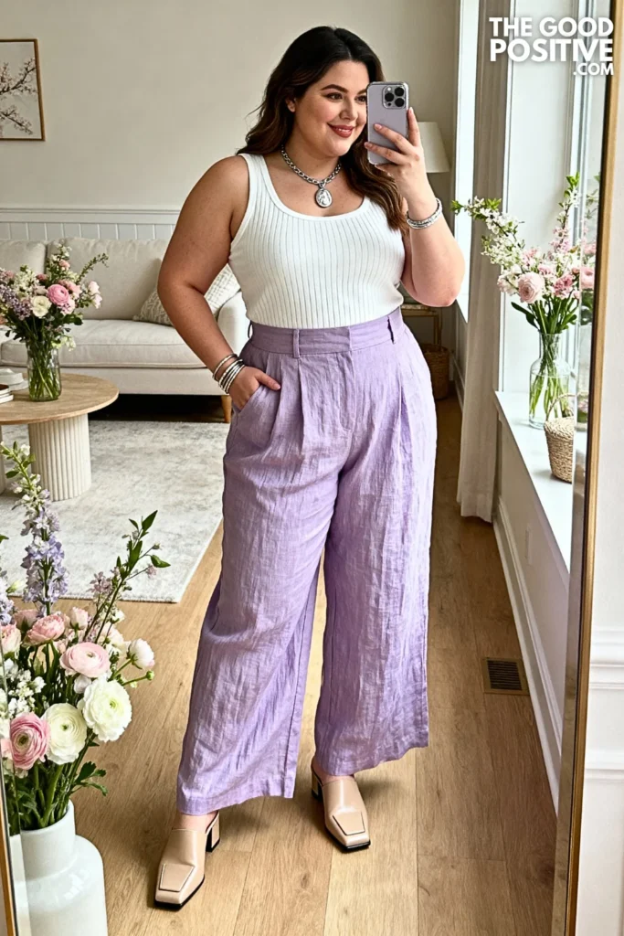 Plus Size Lavender Linen Wide Leg Pants Outfit