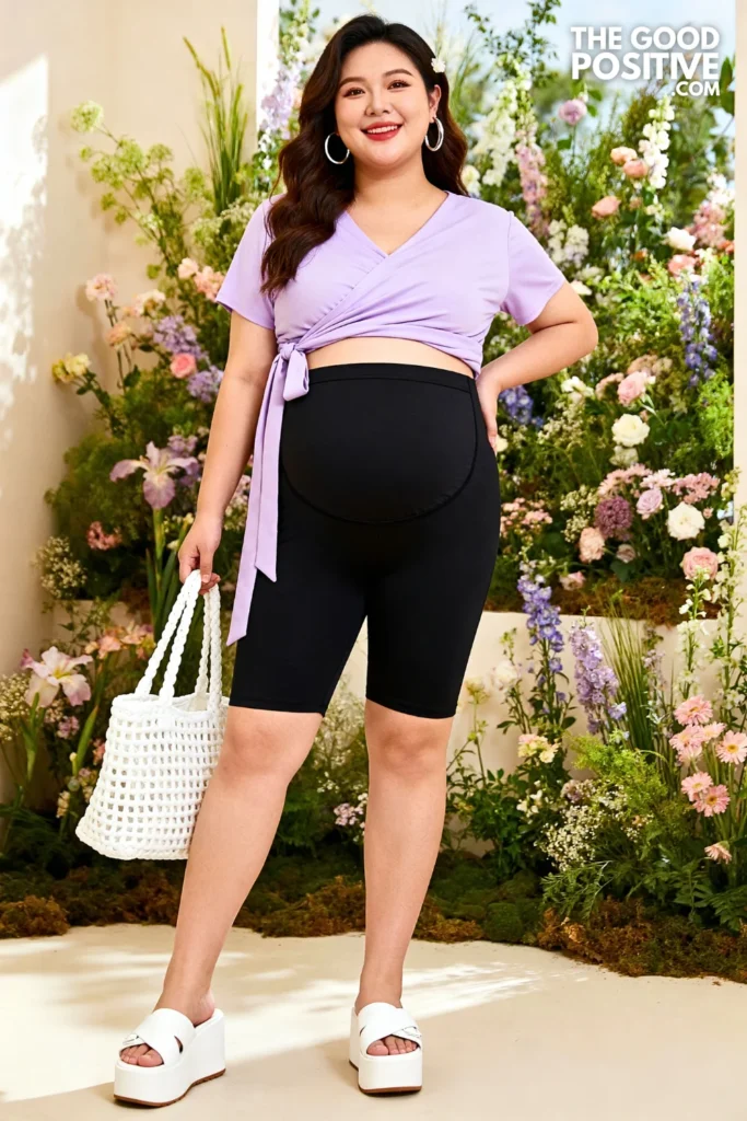 Plus Size Lavender Maternity Wrap Top with Black Maternity Shorts Outfit