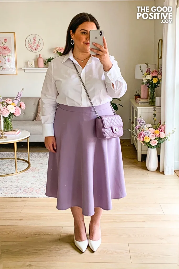 Plus Size Lavender Midi Skirt With Crisp White Button-Down Shirt Outfit