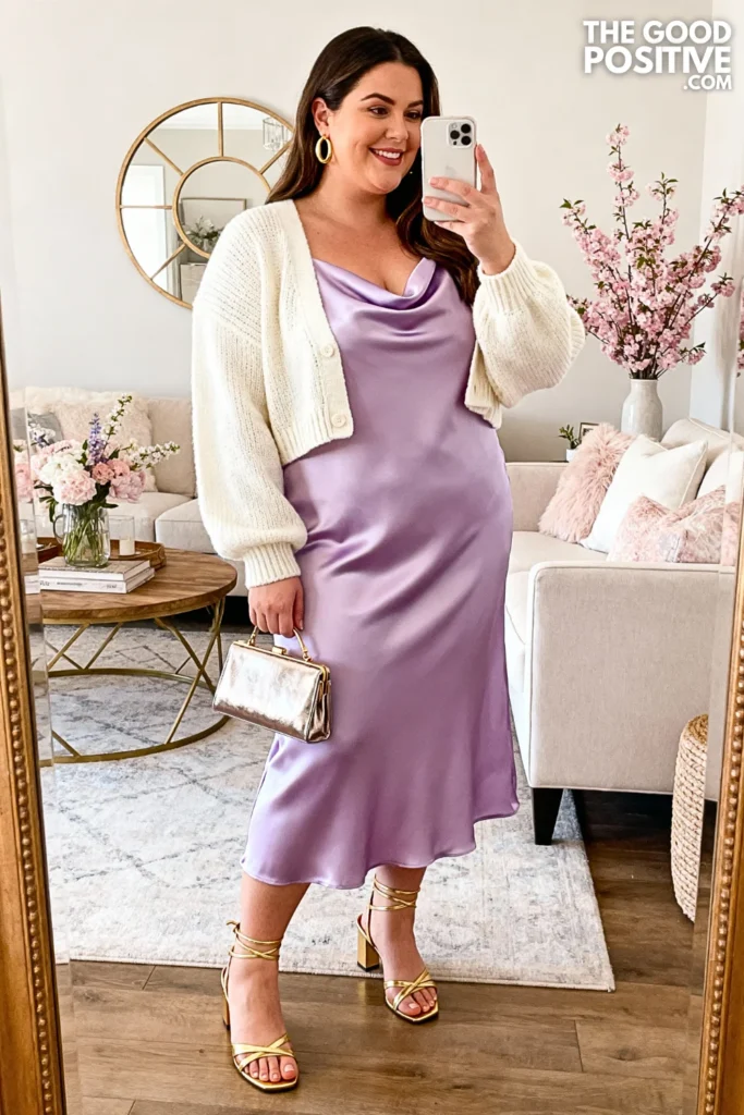 Plus Size Lavender Satin Slip Midi With Cropped Cardigan Outfit