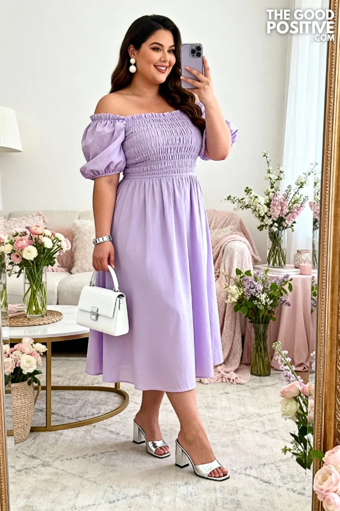 Plus Size Lavender Smocked Bodice Midi Dress Outfit