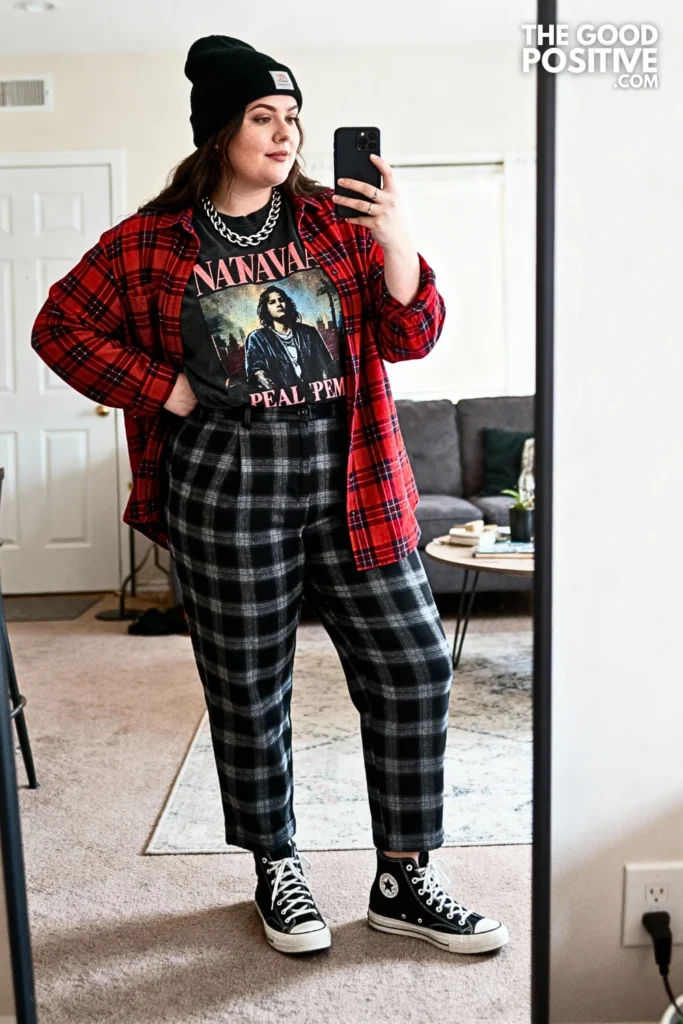 Plus Size Layered Flannel and Band Tee Outfit
