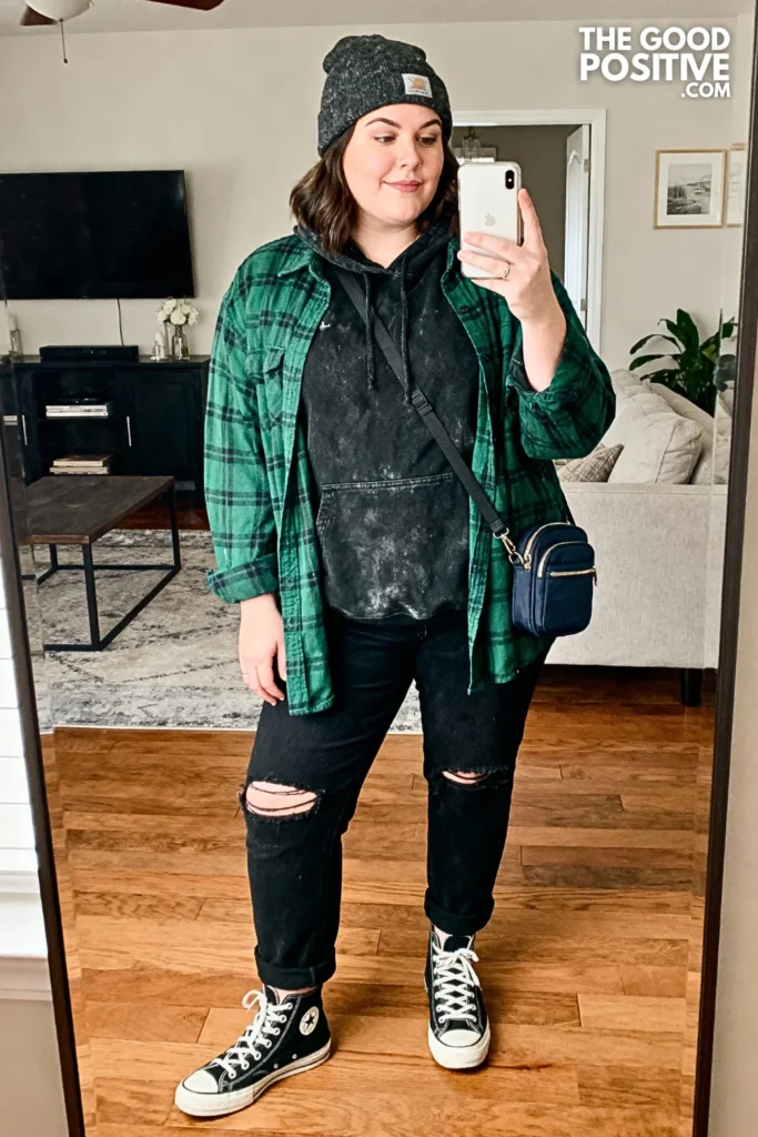 Plus Size Layered Hoodie and Flannel Outfit