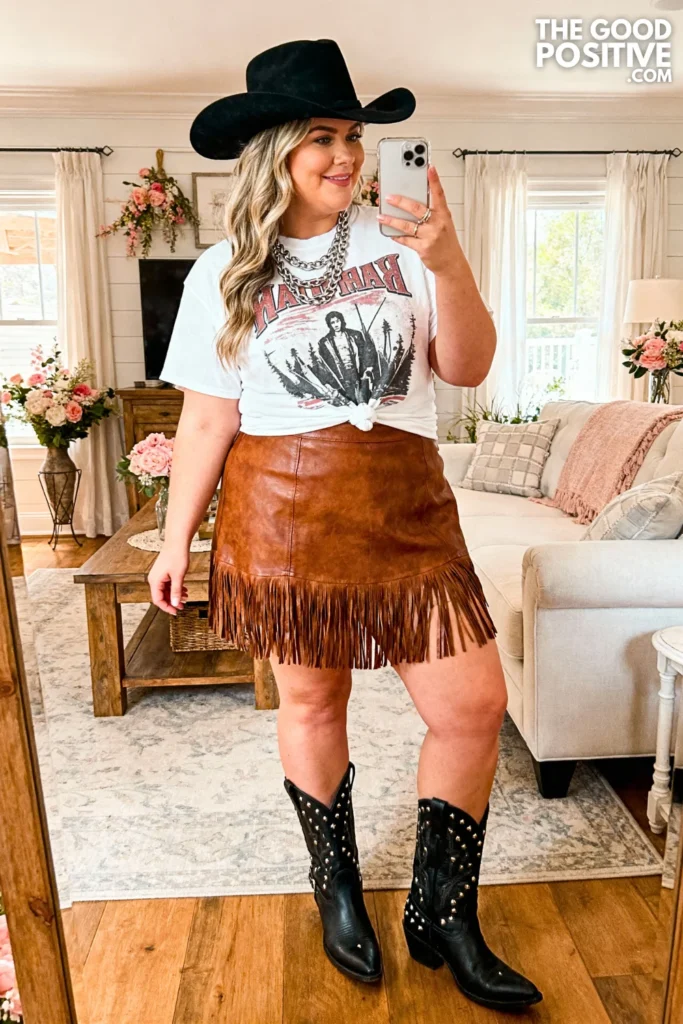 Plus Size Leather Fringe Skirt With Tucked Graphic Tee Outfit
