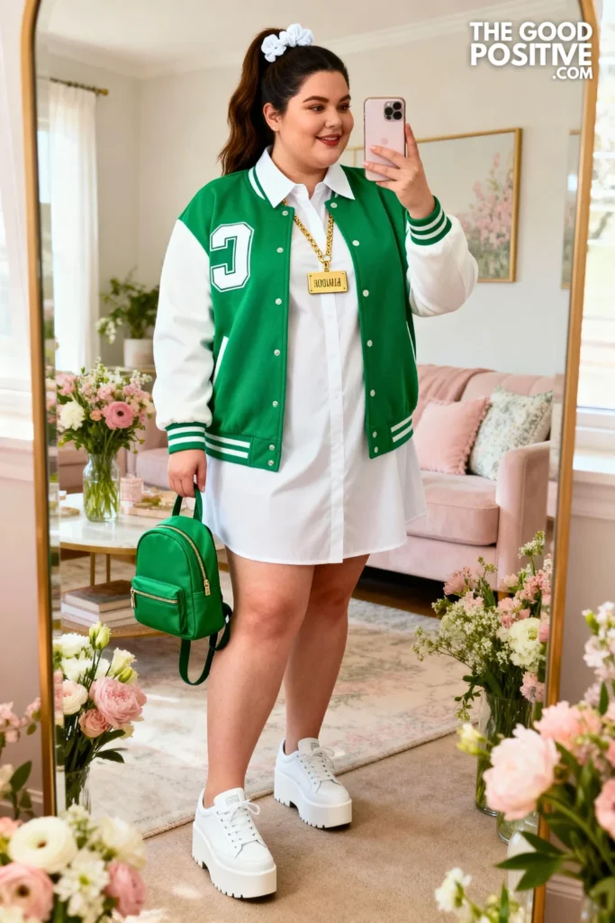 Plus Size Letterman Jacket With Collared Dress Outfit