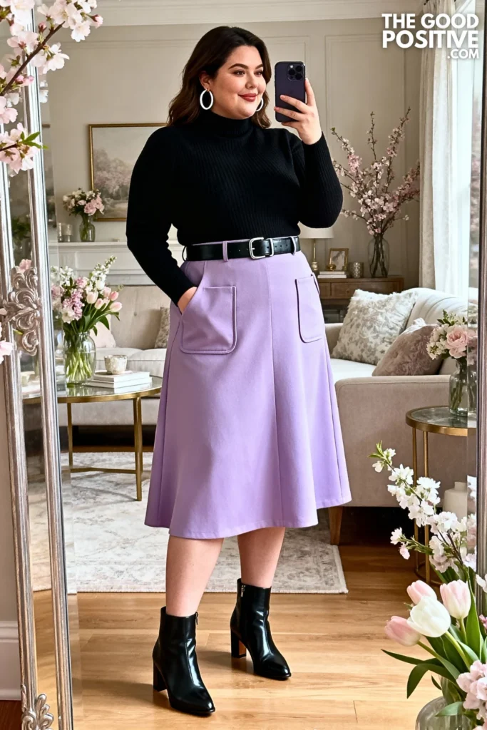 Plus Size Lilac Midi Skirt and Tucked Turtleneck Outfit