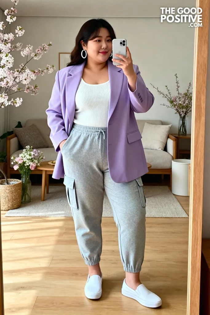 Plus Size Lilac Oversized Blazer With White Tank And Light Gray Joggers Outfit