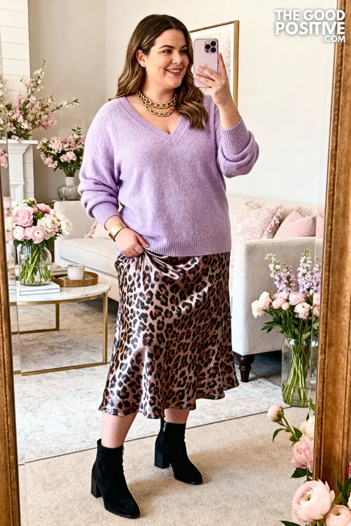 Plus Size Lilac Sweater and Leopard Print Midi Skirt Outfit