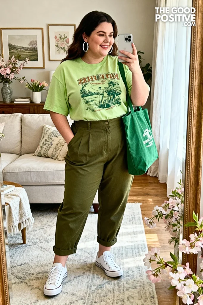 Plus Size Lime Green Graphic Tee With Army Green Pants Outfit