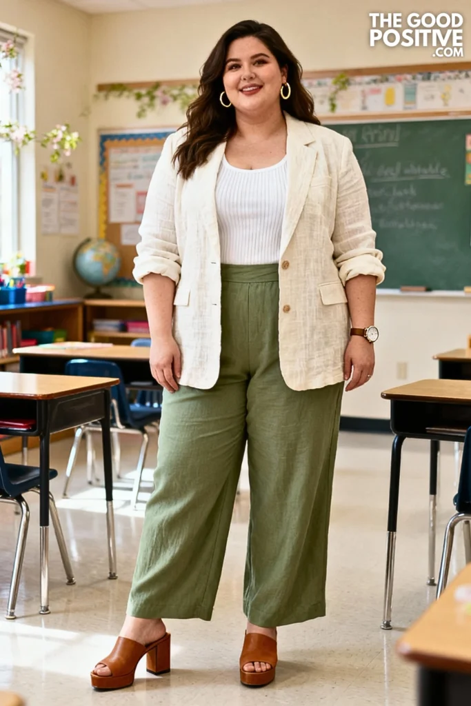 Plus Size Linen Blazer and Wide-Leg Trouser Outfit