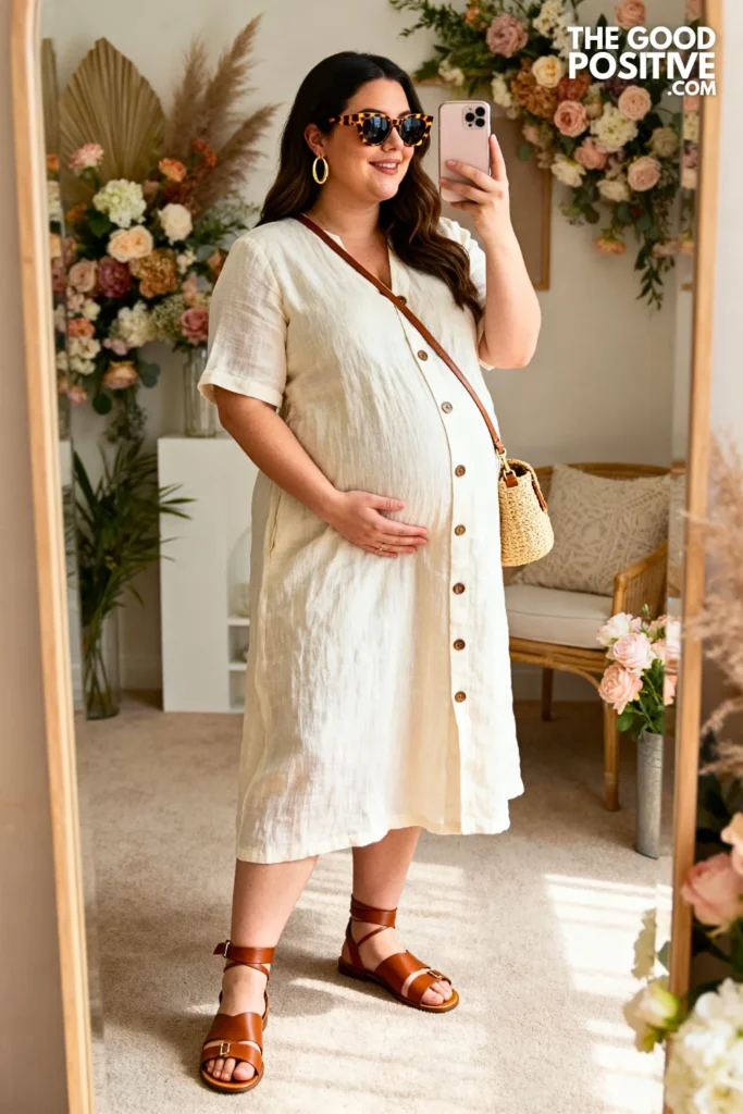 Plus Size Linen Button-Down Midi Dress with Tie Belt Maternity Outfit