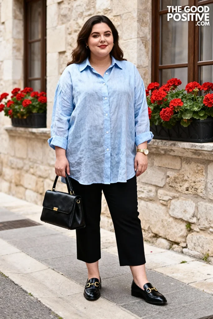 Plus Size Linen Button-Down with Cropped Trousers Outfit