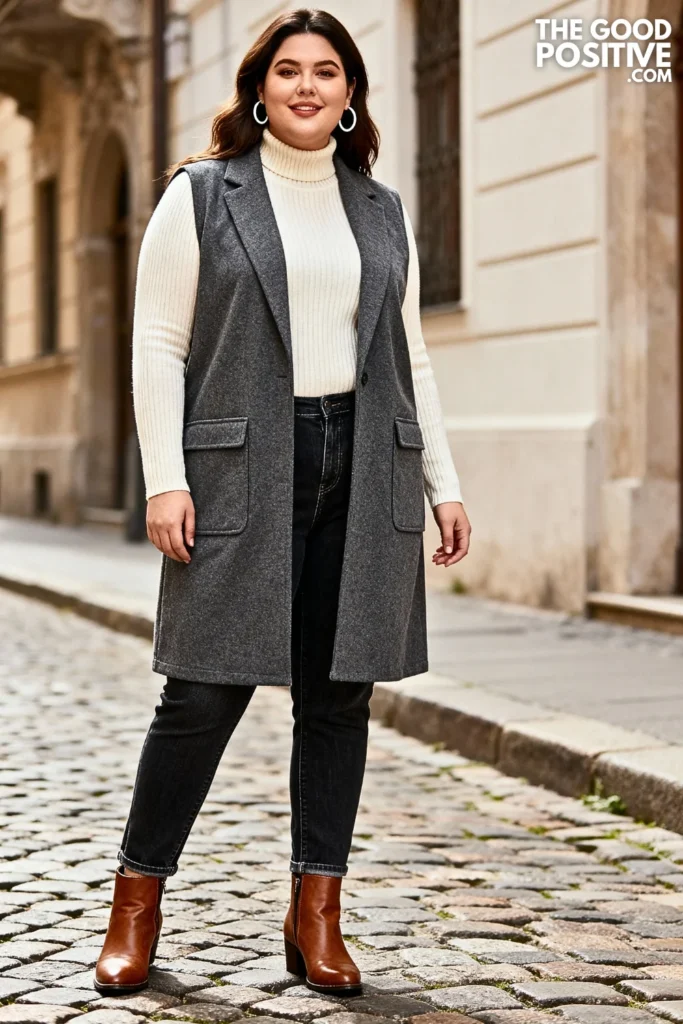 Plus Size Longline Vest Over Turtleneck and Jeans Outfit