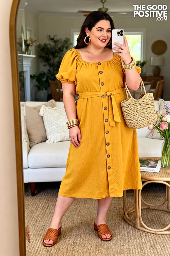 Plus Size Marigold Button-Front Midi Dress Outfit