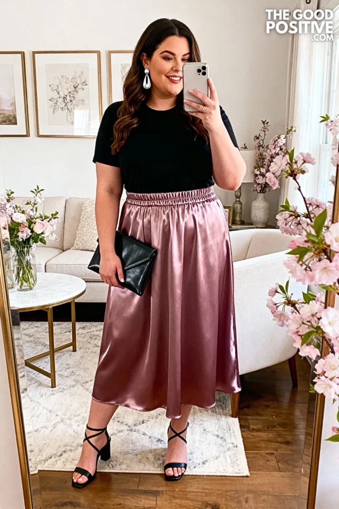 Plus Size Mauve Satin Skirt With Black Fitted Tee Outfit