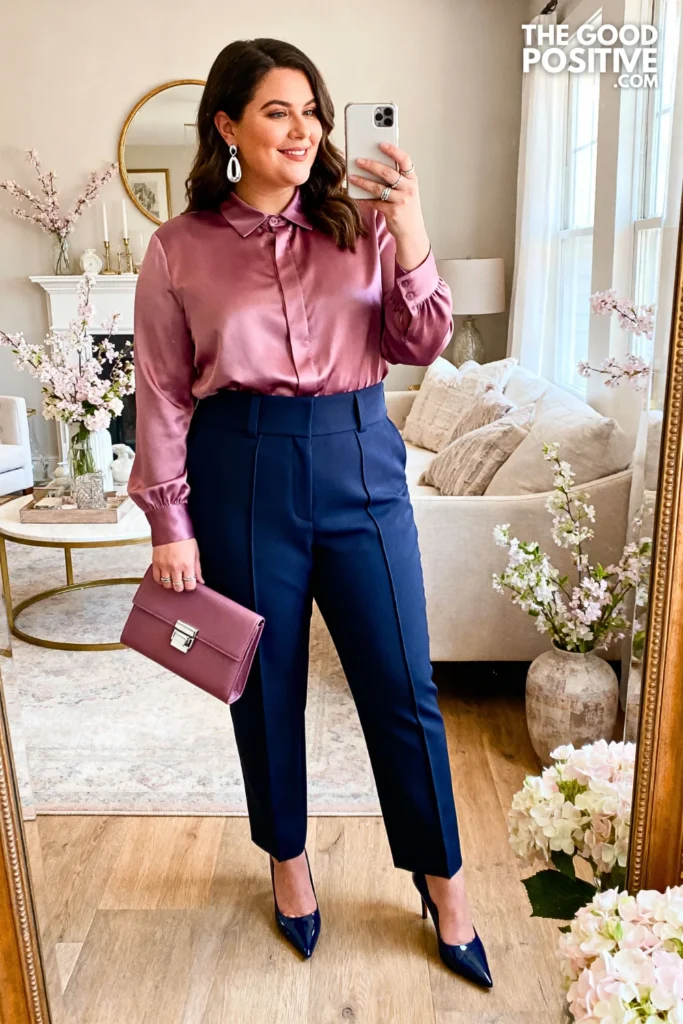Plus Size Mauve Silk Blouse With Navy High-Waisted Trousers Outfit