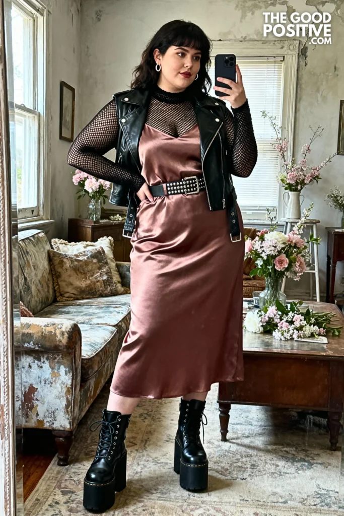 Plus Size Mesh Layer Under Slip Dress Outfit