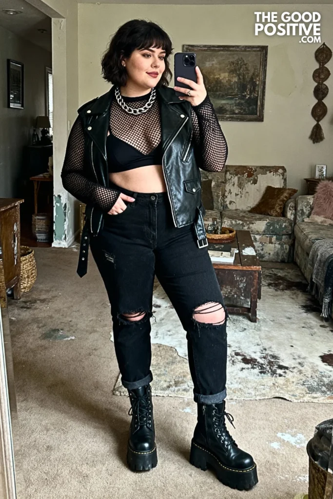 Plus Size Mesh Top and Biker Jacket Outfit