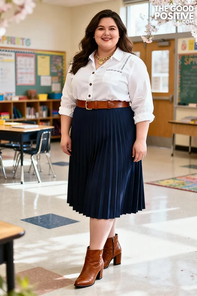 Plus Size Midi Skirt and Tucked Blouse Outfit
