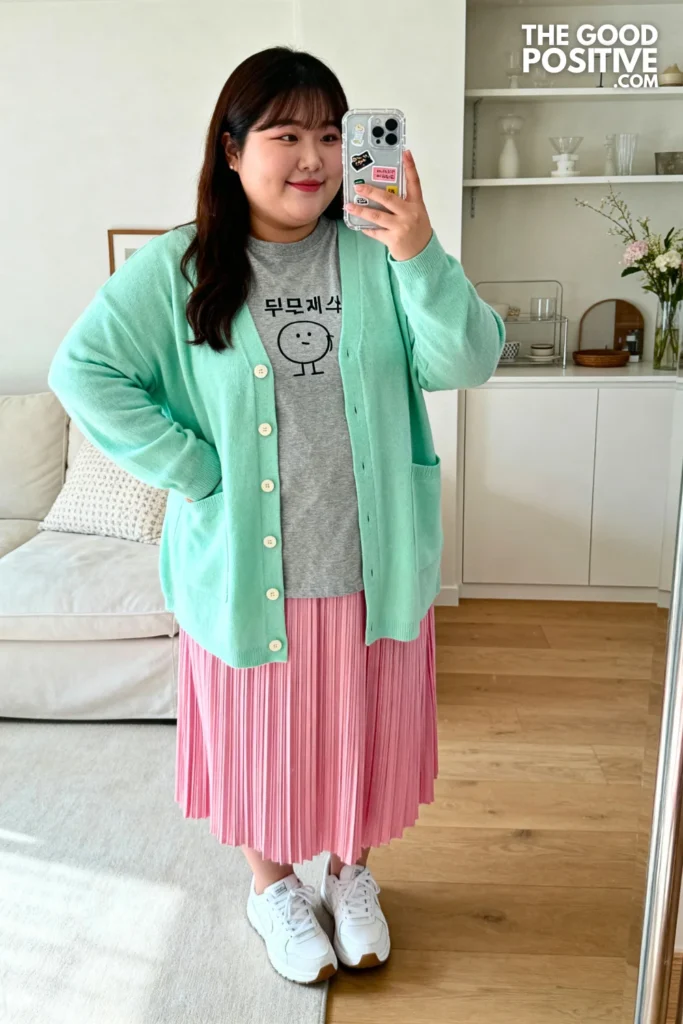Plus Size Mint Cardigan With Gray Graphic Tee And Pink Pleated Skirt Outfit