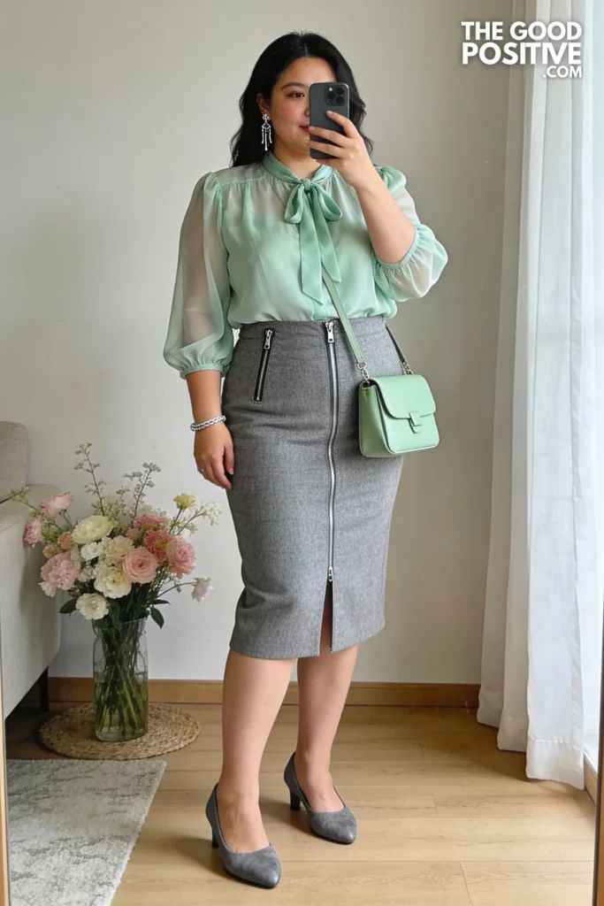 Plus Size Mint Green Chiffon Blouse With Gray Pencil Skirt Outfit