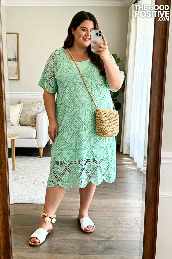 Plus Size Mint Green Crochet Overlay Dress Outfit