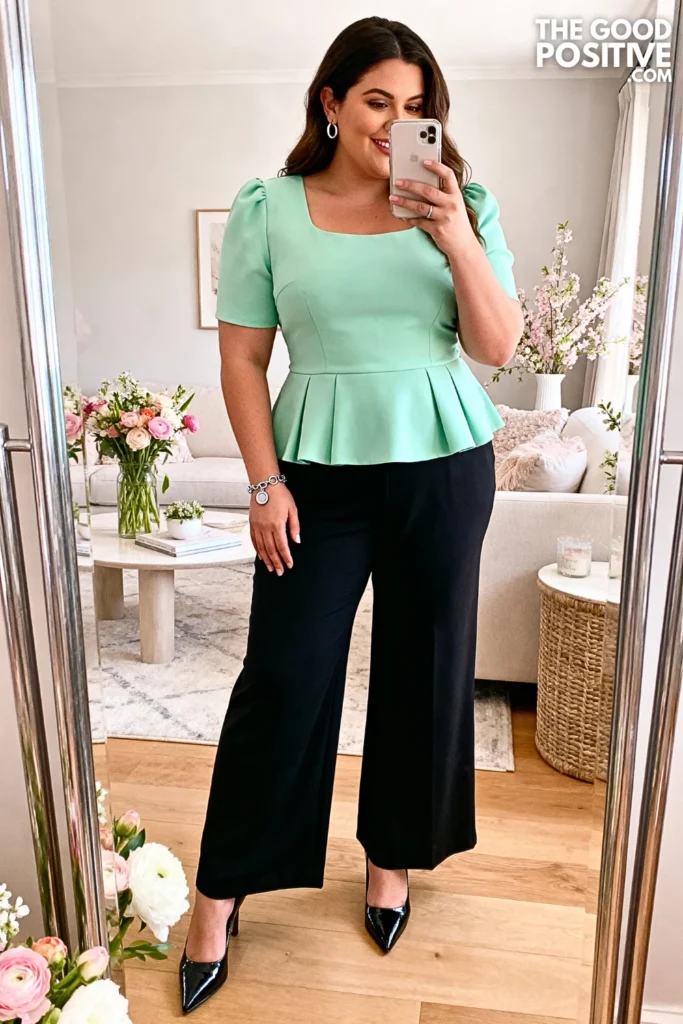 Plus Size Mint Green Peplum Top and Black Palazzo Pants Outfit