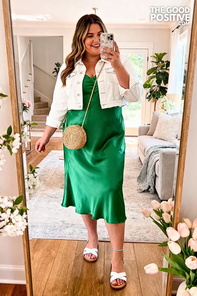 Plus Size Mint Green Slip Dress With Denim Jacket Outfit
