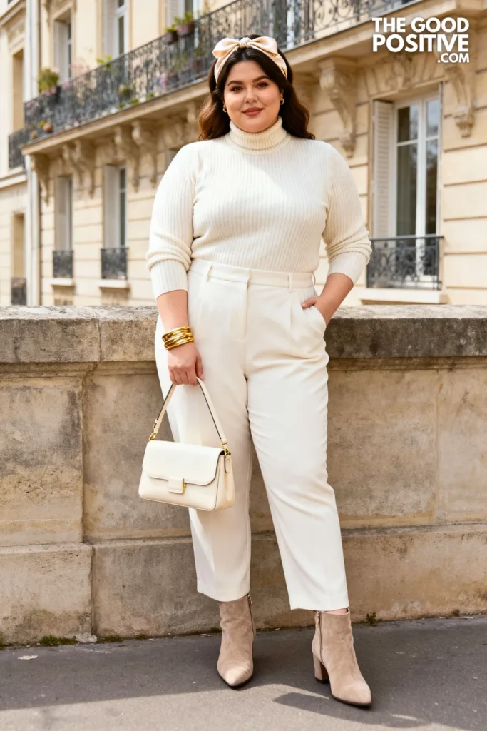 Plus Size Monochrome Cream Ensemble With Textured Layers Outfit