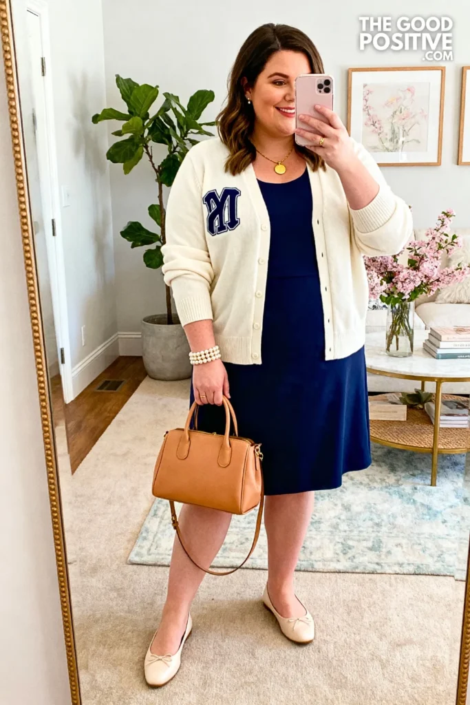 Plus Size Monogrammed Cardigan With Shift Dress Outfit