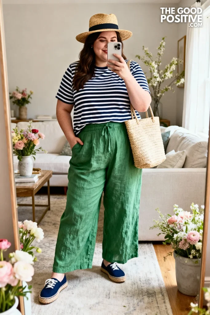 Plus Size Moss Green Linen Pants With Striped Top Outfit