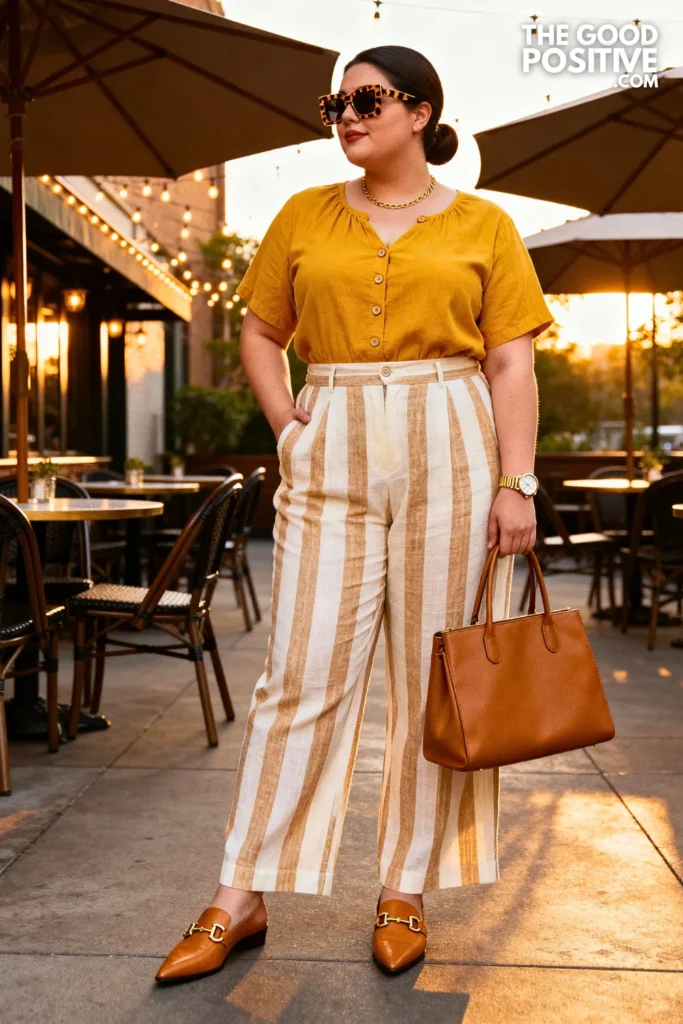 Plus Size Mustard Yellow Blouse and Striped Linen Pants Outfit