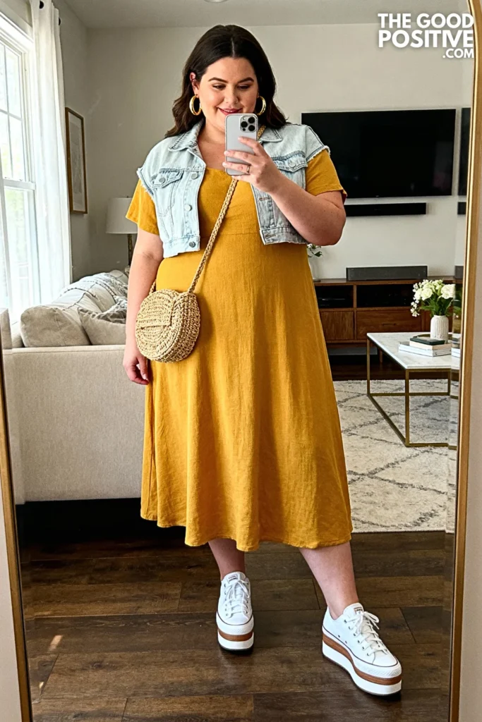 Plus Size Mustard Yellow Midi Dress With Denim Jacket Outfit