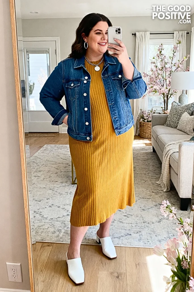 Plus Size Mustard Yellow Midi Dress with Denim Jacket Outfit