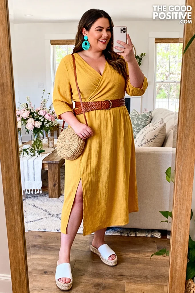 Plus Size Mustard Yellow Wrap-Front Midi Dress Outfit