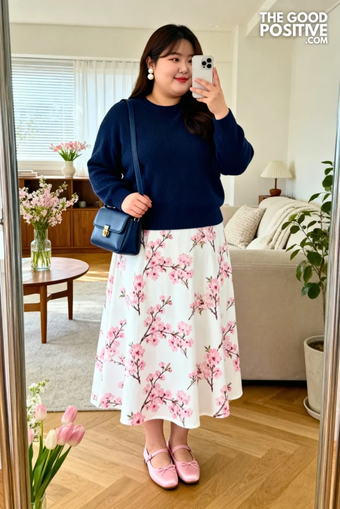 Plus Size Navy Knit Sweater With Cherry Blossom Print Midi Skirt Outfit